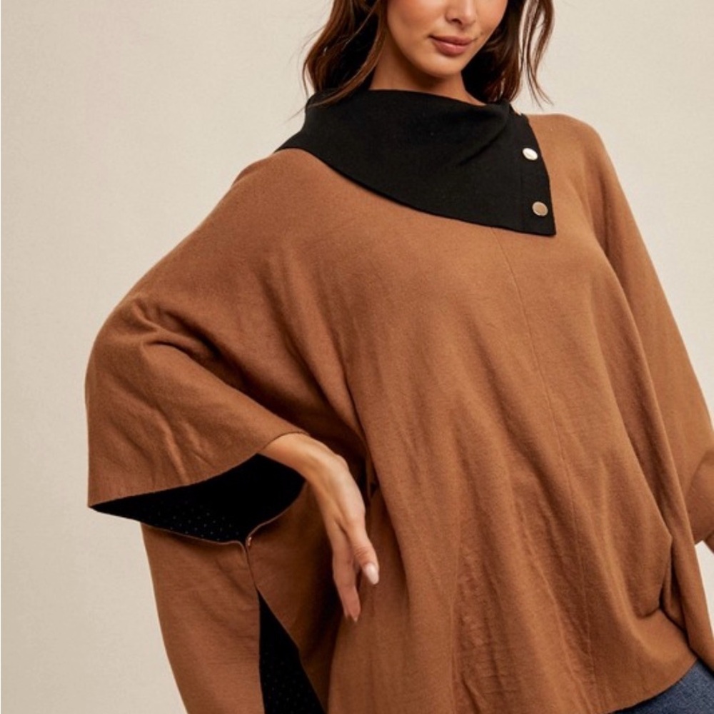 Hem & Thread Button Detail Neck Poncho Sweater
With Slit